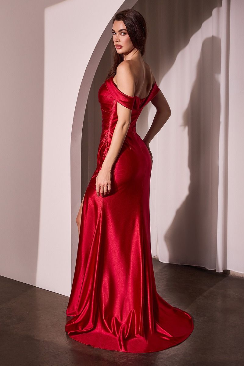 Off-the-Shoulder Red Satin Evening Gown with Thigh-High Slit
