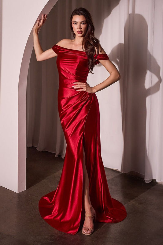 Off-the-Shoulder Red Satin Evening Gown with Thigh-High Slit