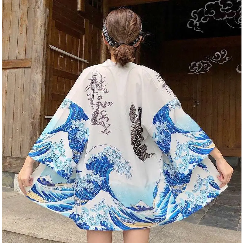 Japanese Wave Print Kimono Sun Protection Clothing