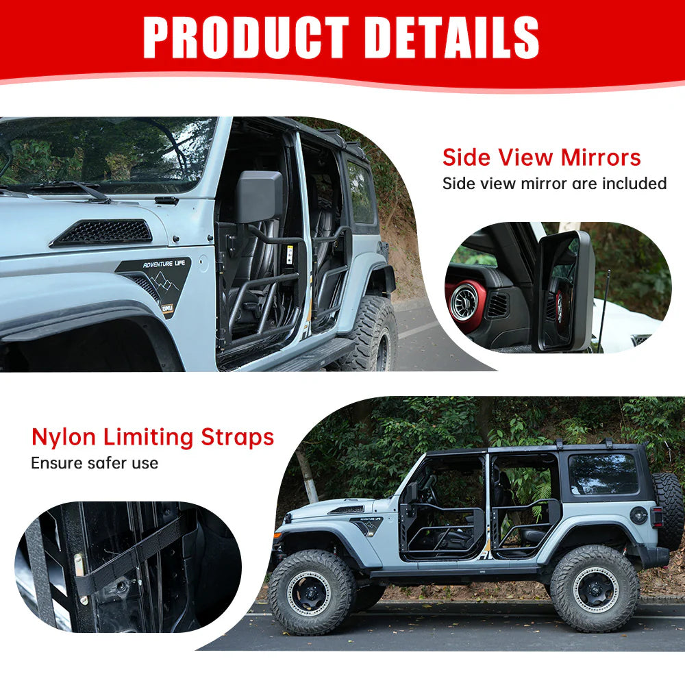 Jeep Tube Doors for Wrangler JL & Gladiator JT (2018-2024) - 4 Pc Set w/Mirrors Jeep parts jeep door jeep rear view mirror. jeep door straps and rear view mirror metal parts door