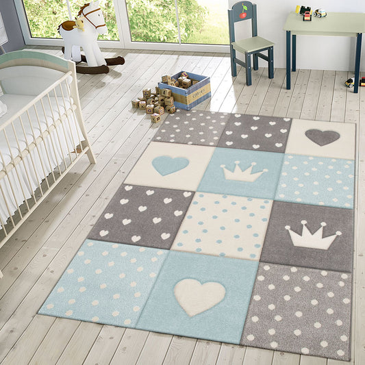 Kids Rug Checked Dots Hearts & Crowns in Pastel Blue Grey-0
