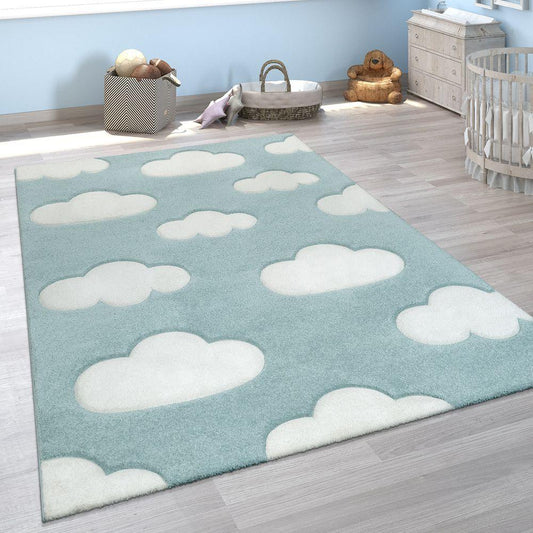 Kids Room Rug Cosmo with Clouds in Pastel Blue White-0