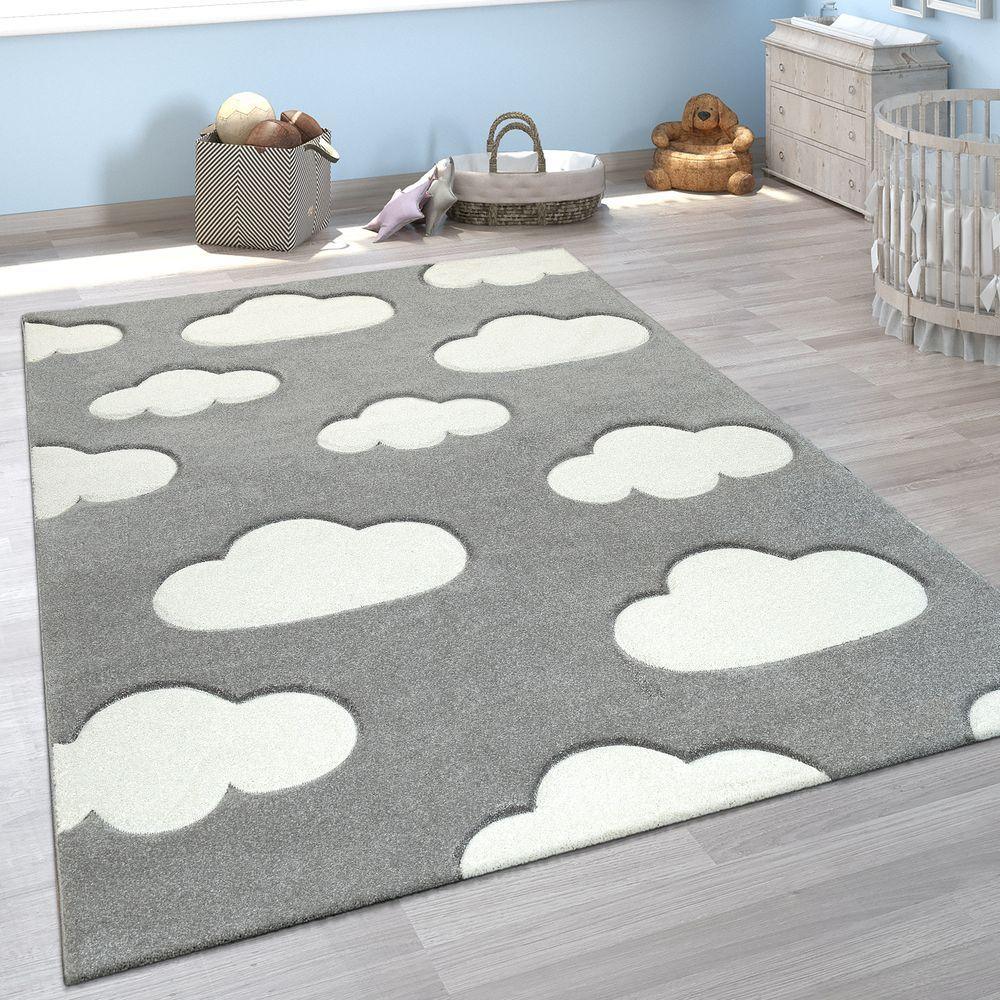 Kids Room Rug Cosmo with Clouds in Pastel Grey White-0
