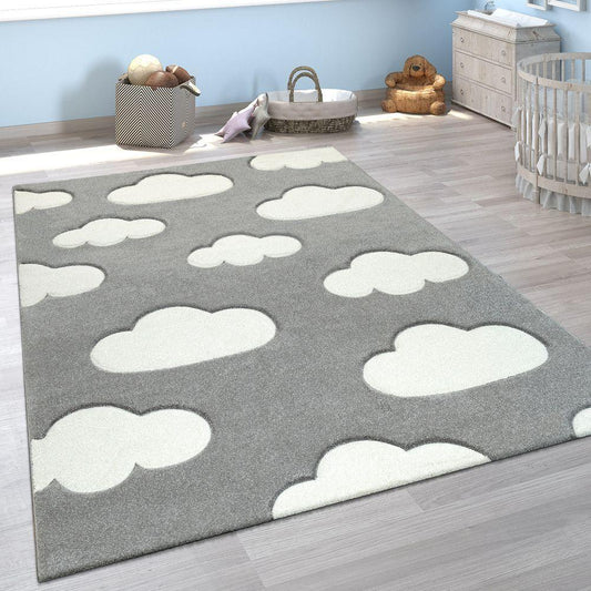 Kids Room Rug Cosmo with Clouds in Pastel Grey White-0