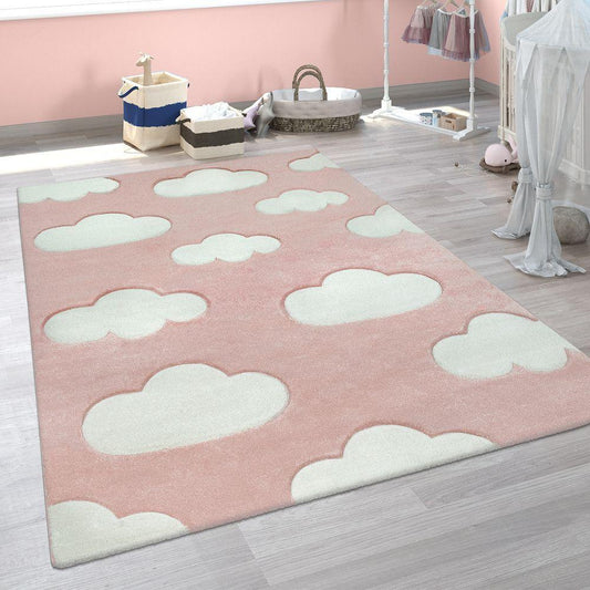 Kids Room Rug Cosmo with Clouds in Pastel Pink White-0