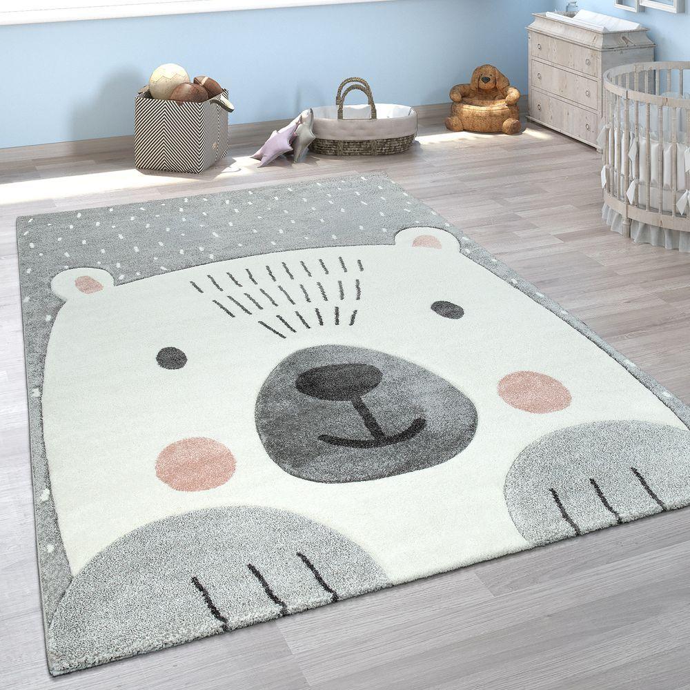 Kids Room Rug Cute Snow Bear 3D In Grey White-0