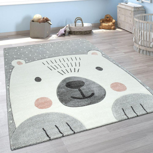 Kids Room Rug Cute Snow Bear 3D In Grey White-0