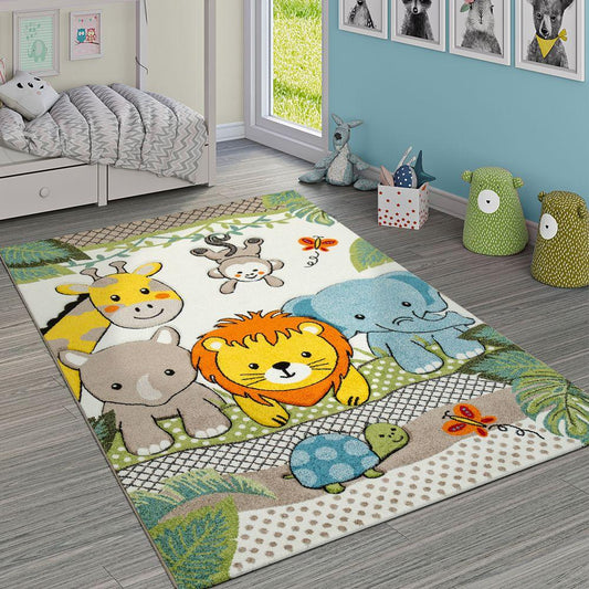 Kids Room Rug Lilo Cute Zoo Animals with 3D Effect - Cream Colorful-0