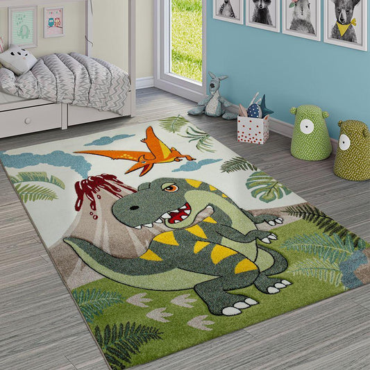 Kids Room Rug Dinosaur Jungle Volcano 3D in Green-0