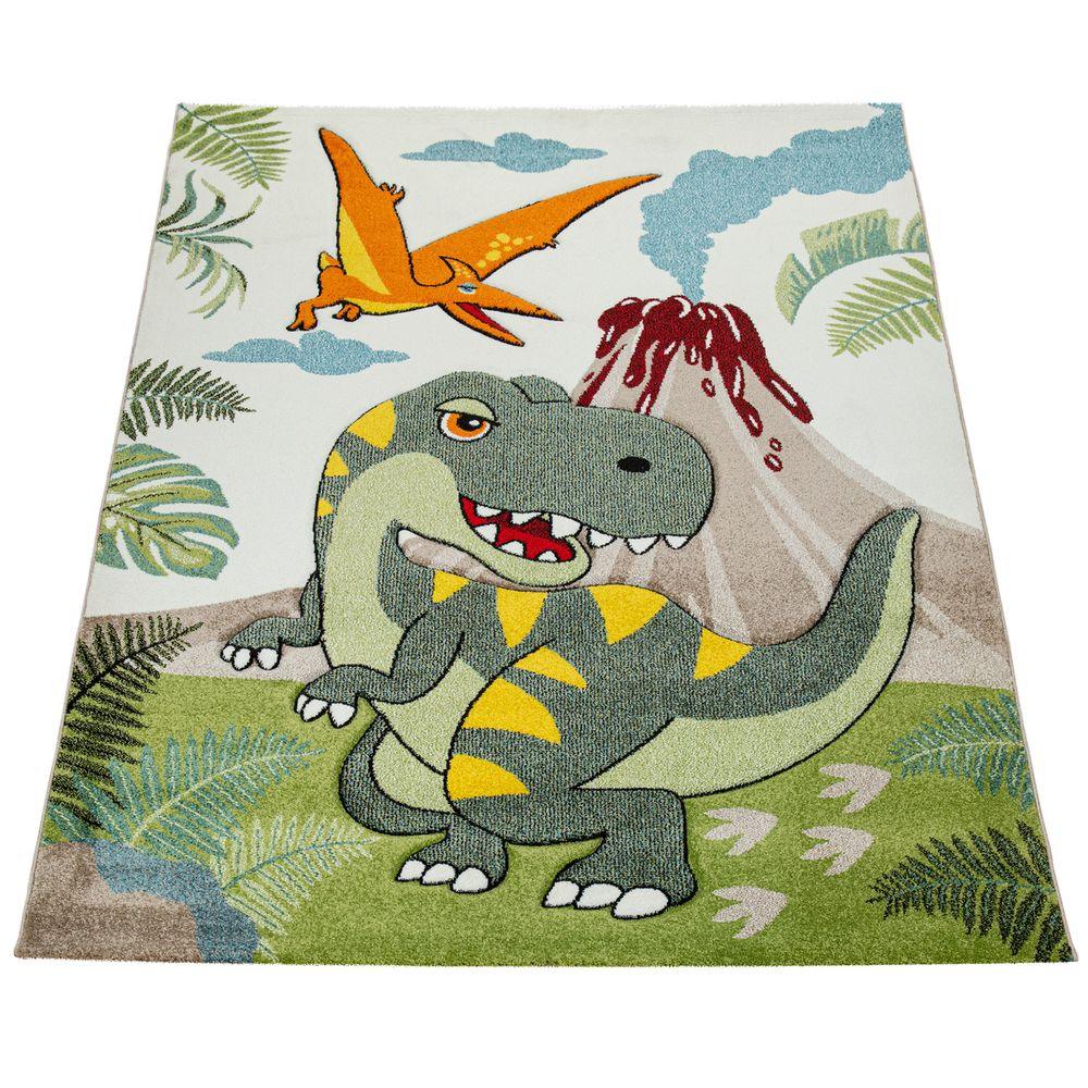 Kids Room Rug Dinosaur Jungle Volcano 3D in Green-3