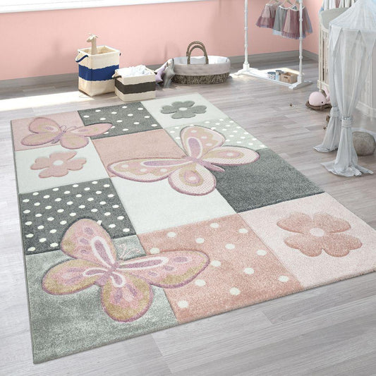 Kids Room Rug Pink Butterflies and Check Pattern-0