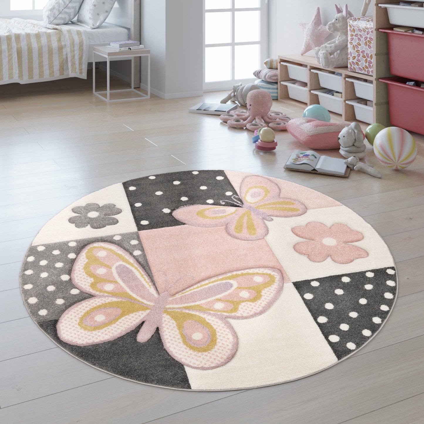 Kids Room Rug Pink Butterflies and Check Pattern-3