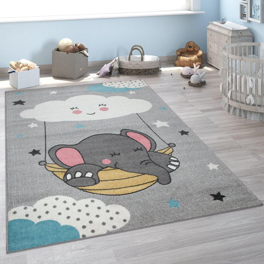 Kids Rug Nino Cute Elephant for Nursery in Grey-0