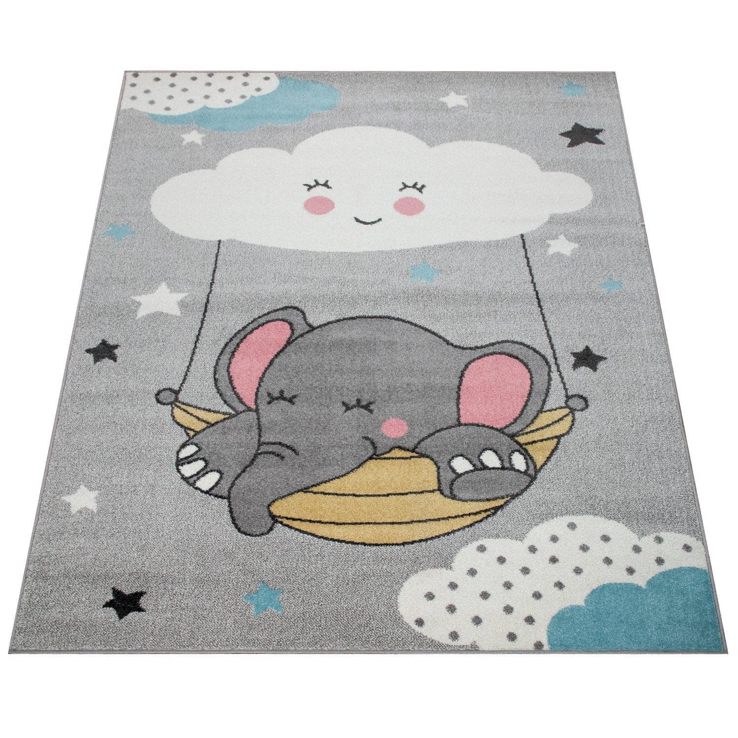 Kids Rug Nino Cute Elephant for Nursery in Grey-4