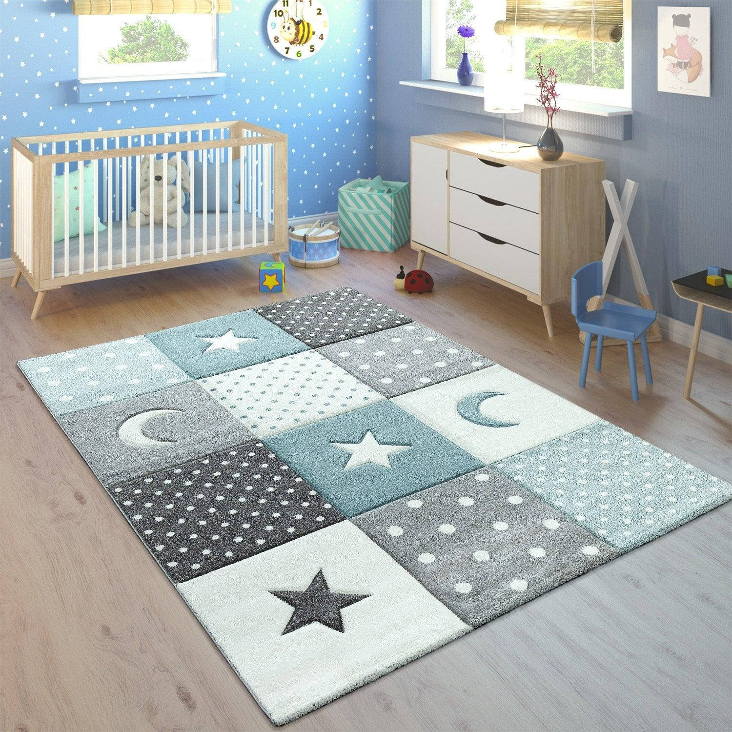 Kids Rug Dots Hearts Stars Checked White Blue Pastel-0