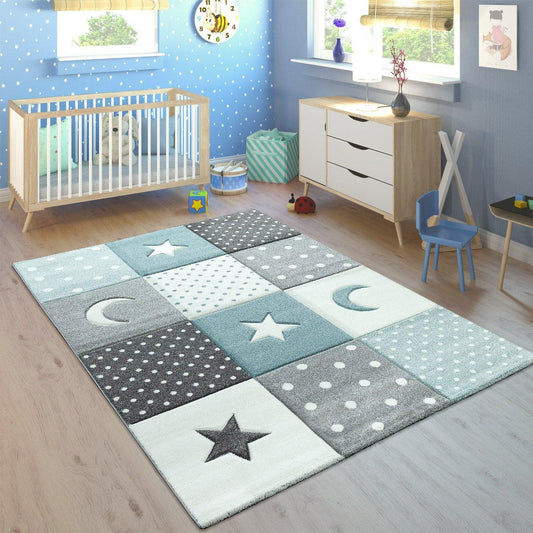 Kids Rug Dots Hearts Stars Checked White Blue Pastel-0