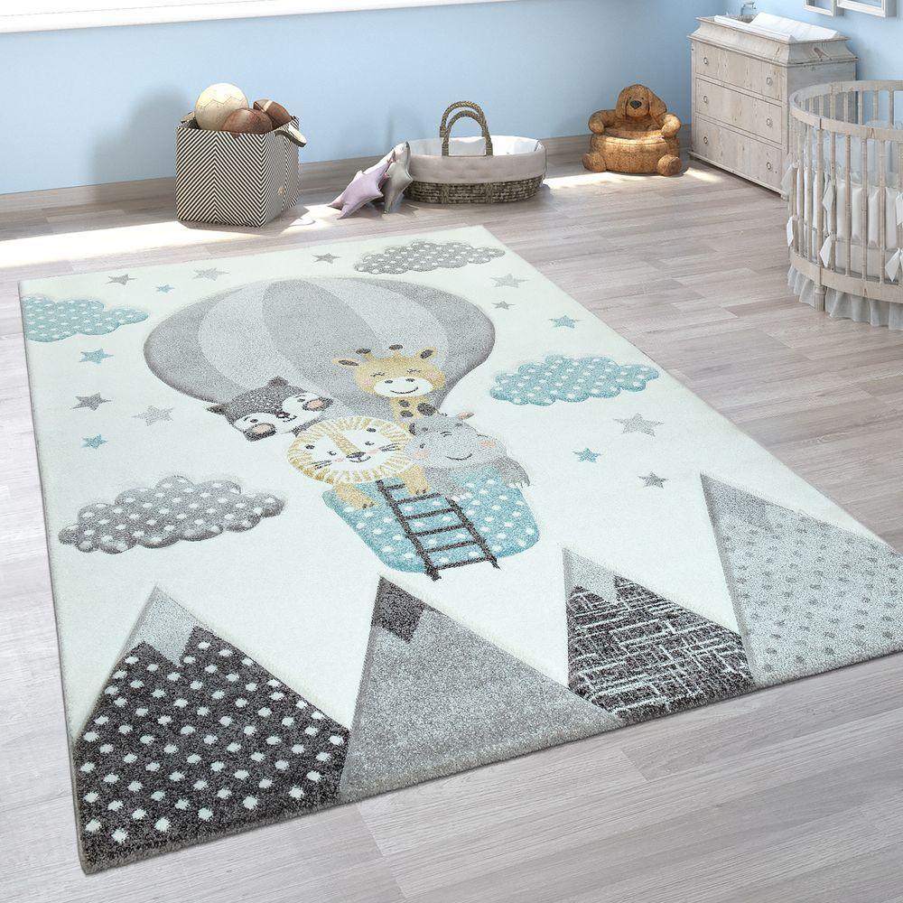 Kids Rug Hot Air Balloon Animals Clouds in Pastel Cream-0
