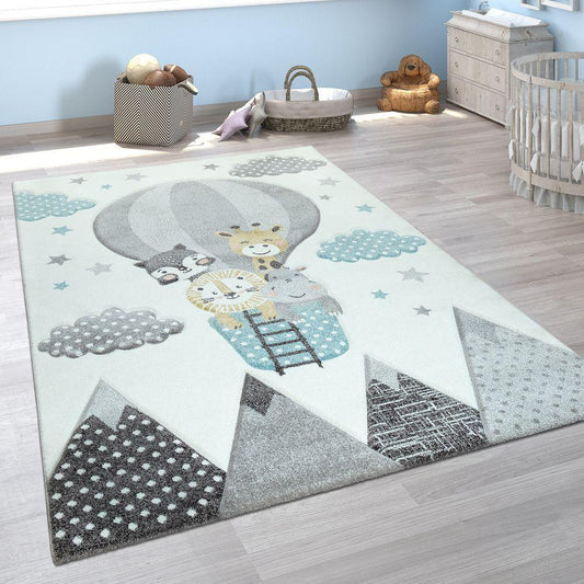 Kids Rug Hot Air Balloon Animals Clouds in Pastel Cream-0