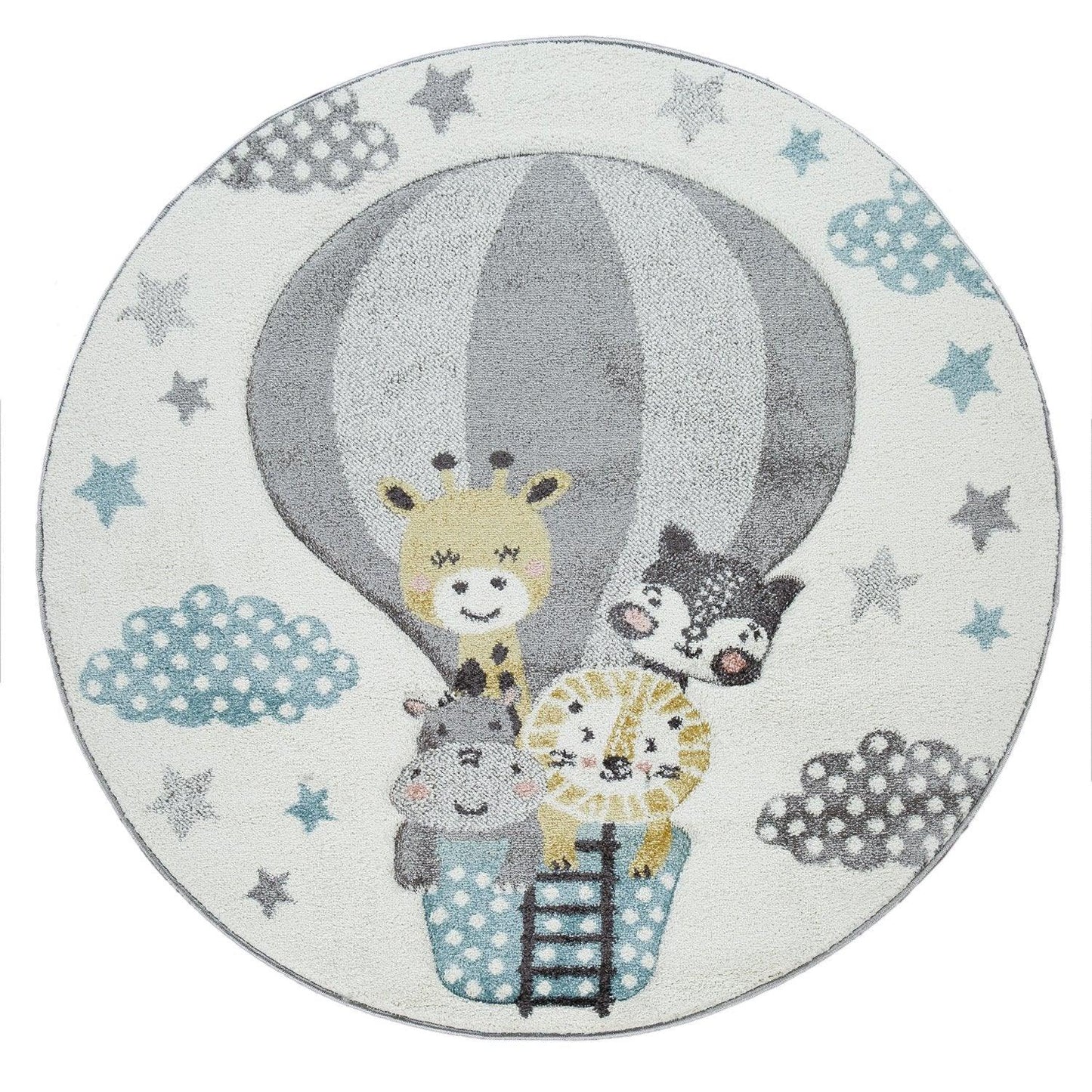 Kids Rug Hot Air Balloon Animals Clouds in Pastel Cream-3