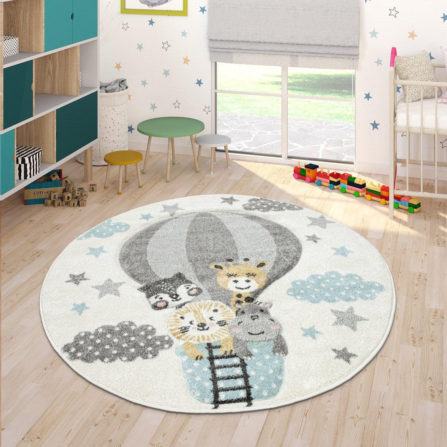 Kids Rug Hot Air Balloon Animals Clouds in Pastel Cream-4