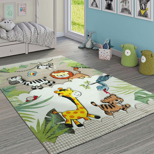 Kids Rug Jungle Animals Giraffe Lion Tiger Zebra Beige Cream-0