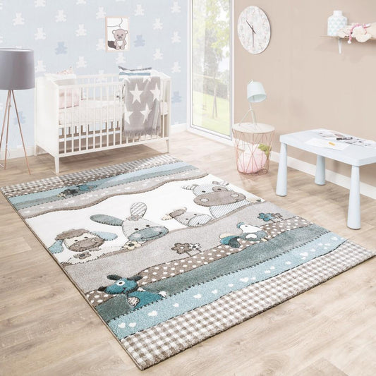 Kids Rug Nursery Contour Cut Farm Animals Beige Cream Pastel-0