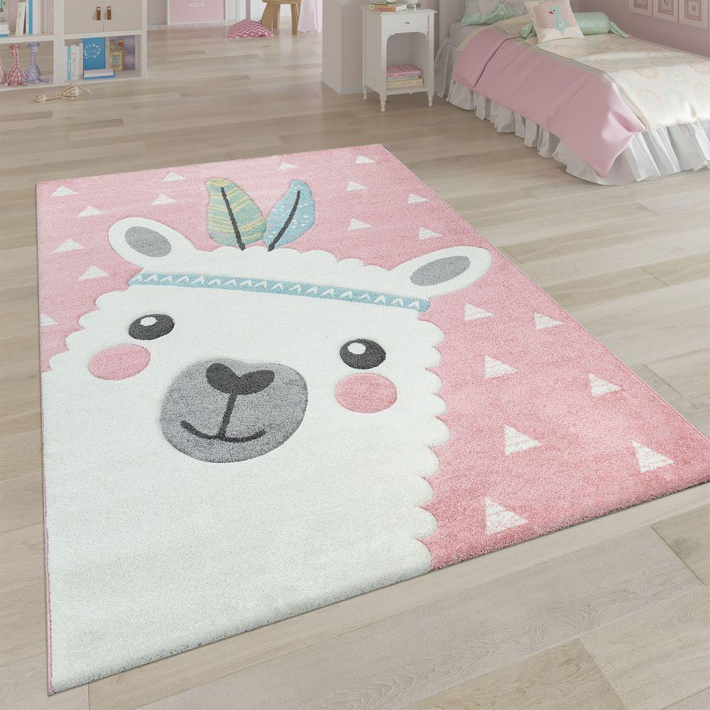 Kids Rug Nursery Cute Alpaca 3D Pink White Pastel-0