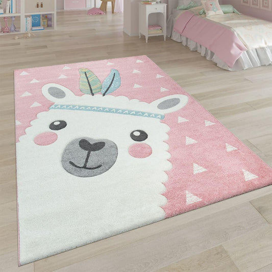 Kids Rug Nursery Cute Alpaca 3D Pink White Pastel-0