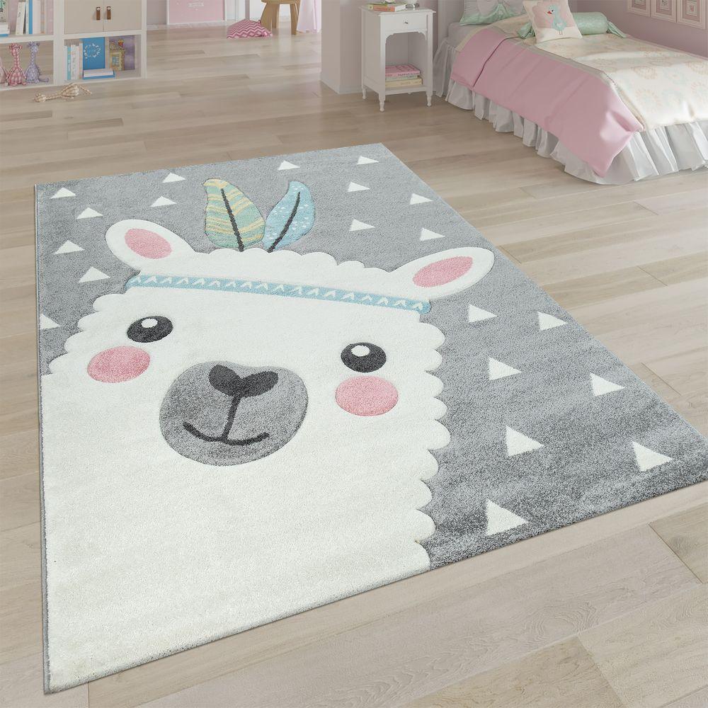 Kids Rug Nursery Cute Alpaca 3D White Grey Pastel-0