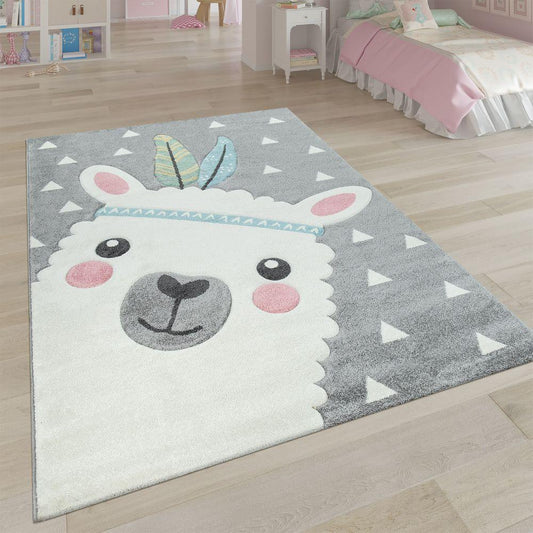 Kids Rug Nursery Cute Alpaca 3D White Grey Pastel-0