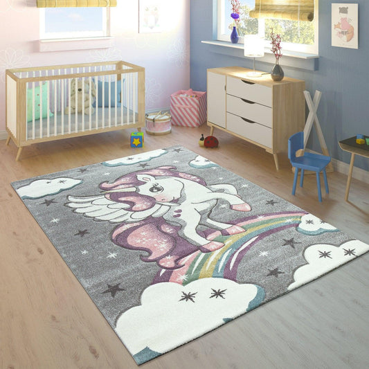 Kids Rug Rainbow Unicorn Colourful Grey-0