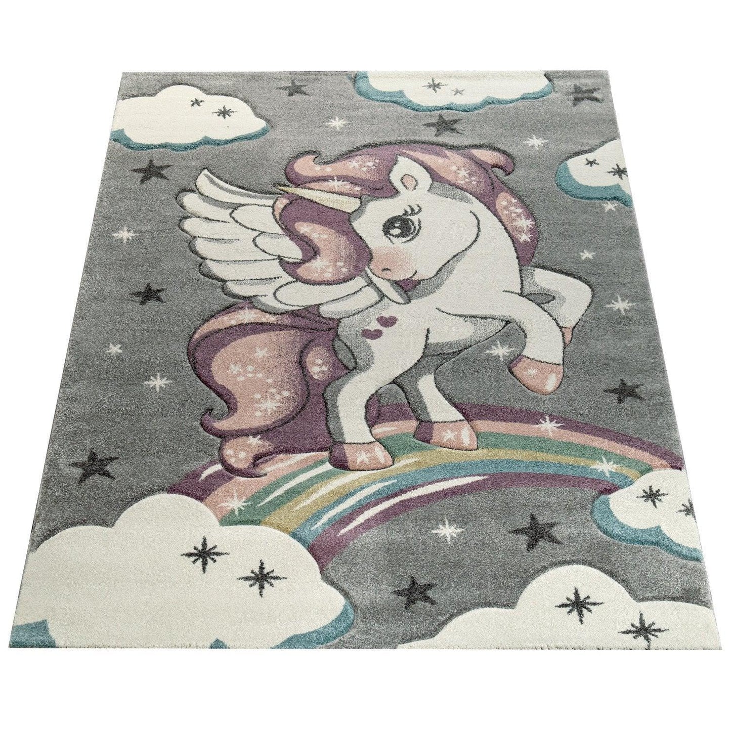 Kids Rug Rainbow Unicorn Colourful Grey-1