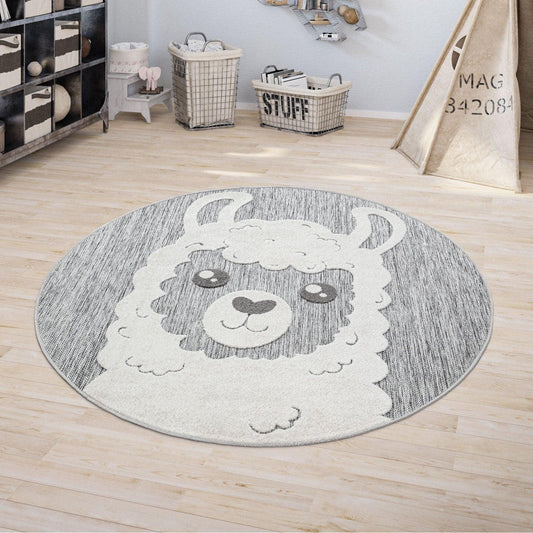 Kids Rug Tweet Round Play Mat Llama Motif in Mottled Grey-0
