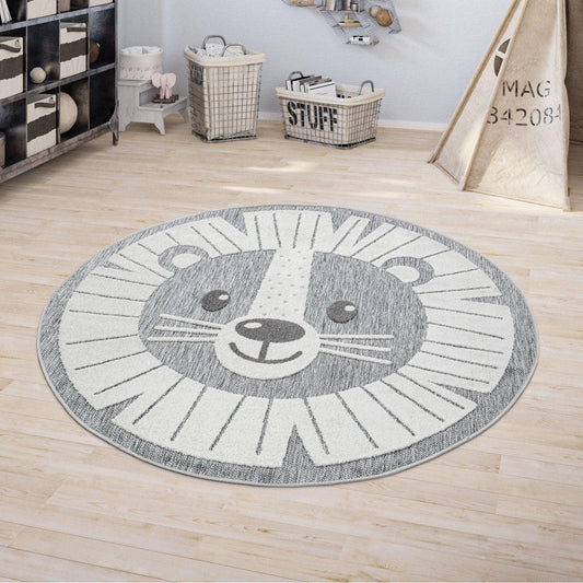 Kids Rug Tweet with Lion Face Round Play Mat in Grey-0