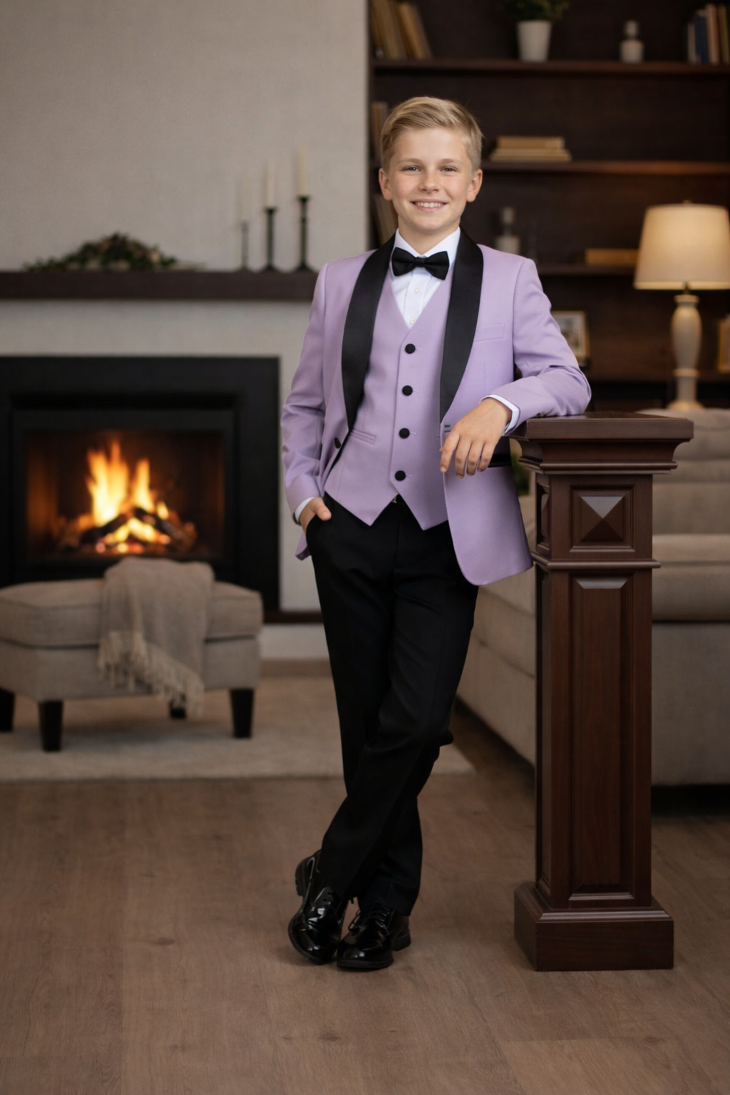 Young boy in a formal suit standing in a living room with a fireplace.
