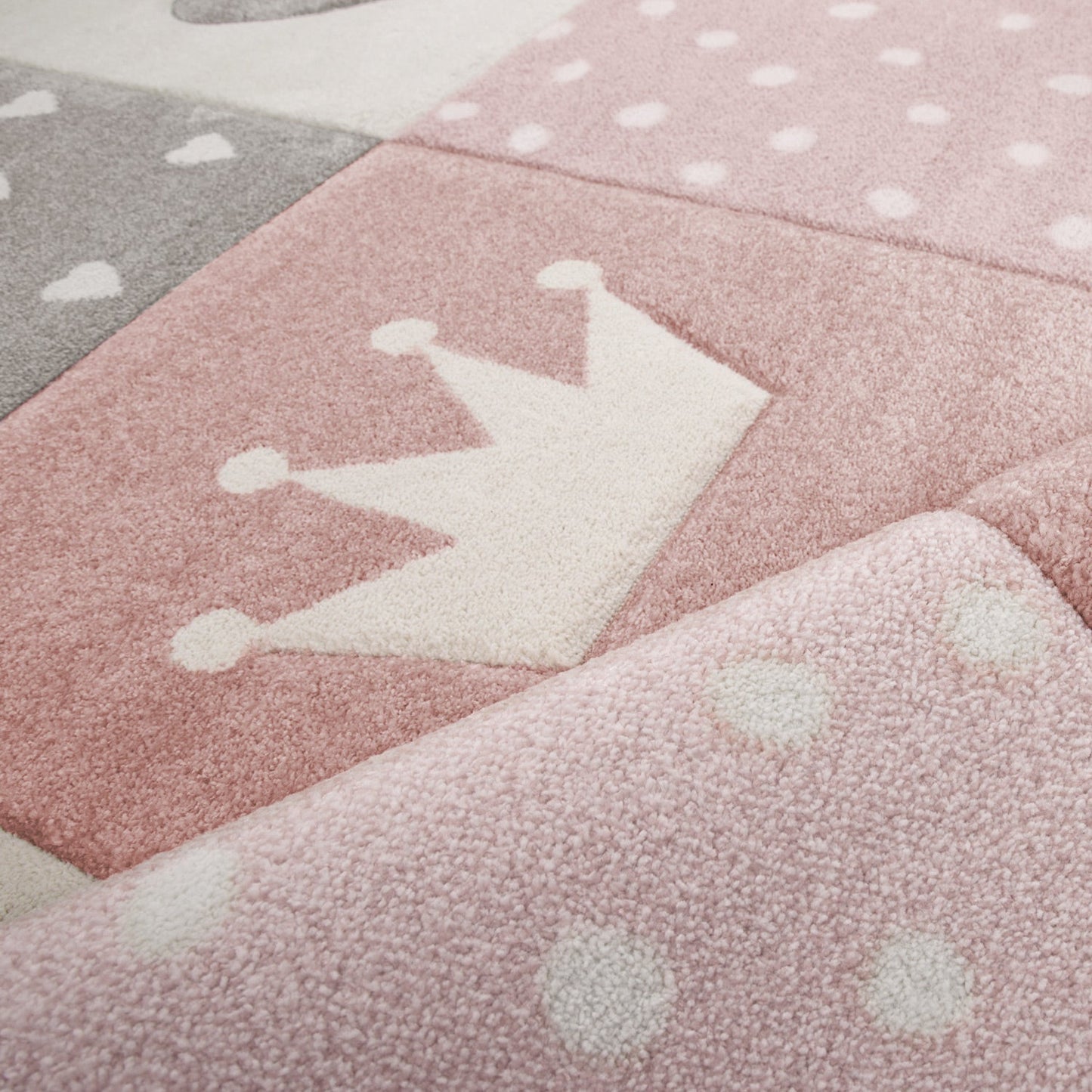 Kids Rug Dots Hearts Crowns Checked White Pink Pastel-1