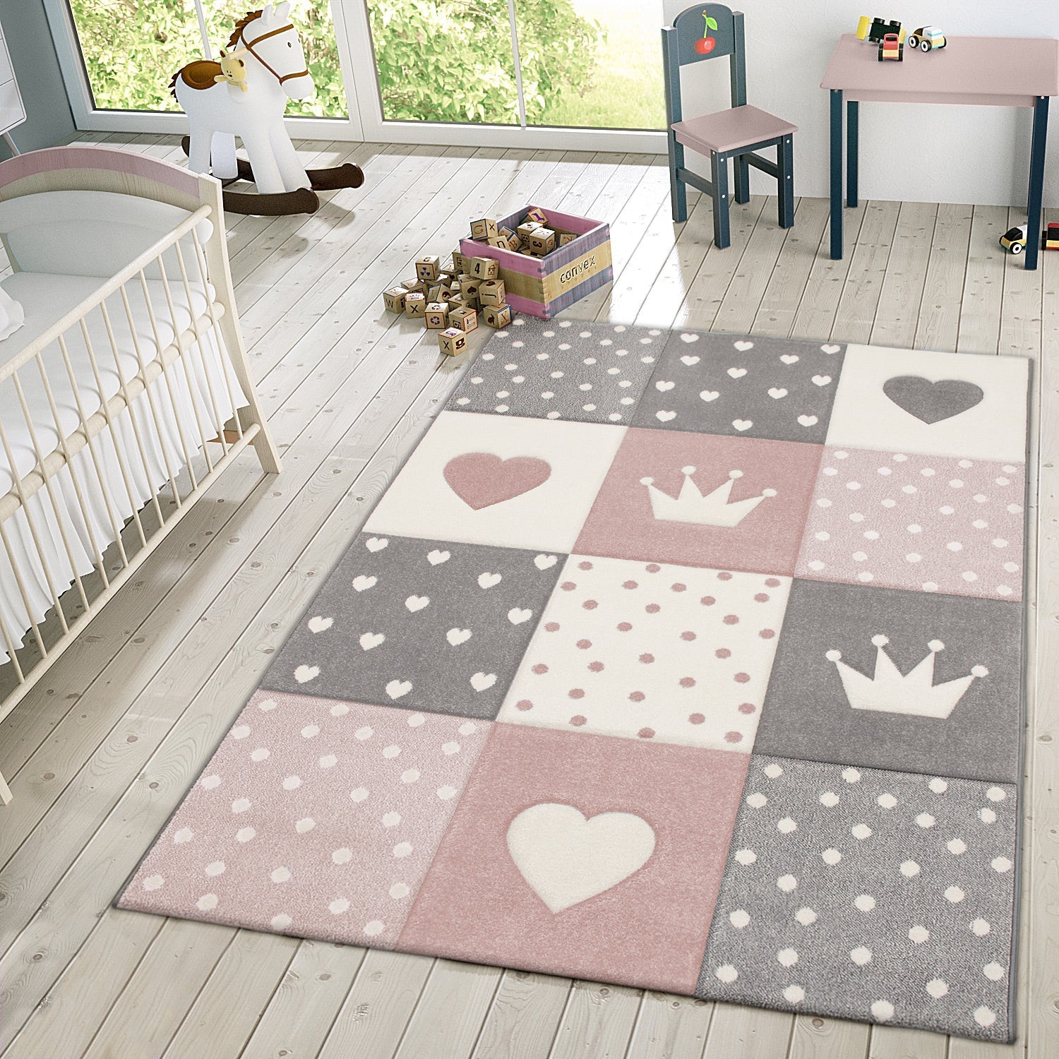 Kids Rug Dots Hearts Crowns Checked White Pink Pastel-0
