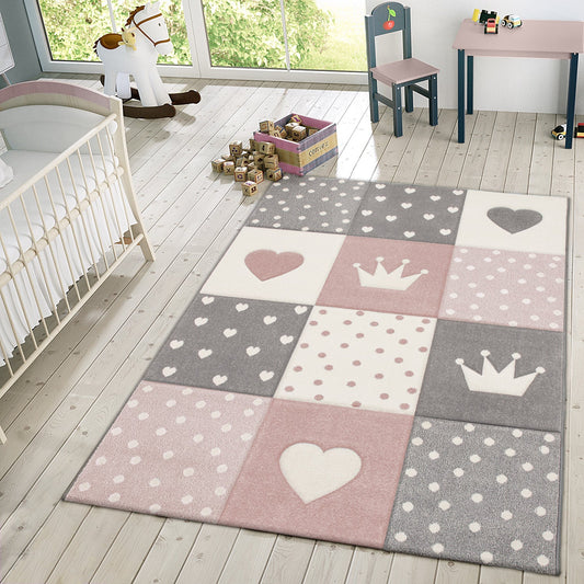 Kids Rug Dots Hearts Crowns Checked White Pink Pastel-0