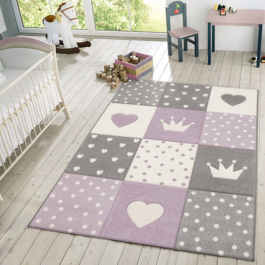 Nursery Rug Kids Checked Dots Hearts Crowns in Pastel Purple Grey-0