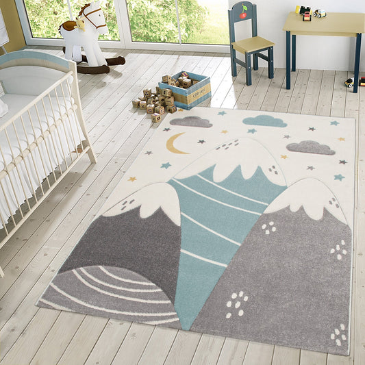 Kids Rug Cosmo for Nursery with Mountains in Pastel Blue White-0
