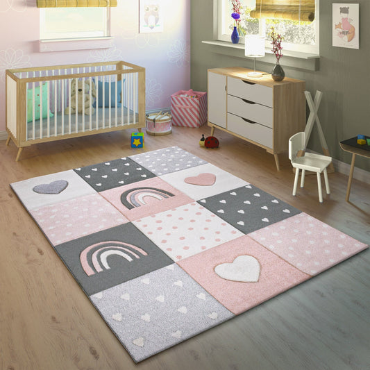Kids Rug Cosmo Checkered with Rainbows & Hearts - Pink White-0