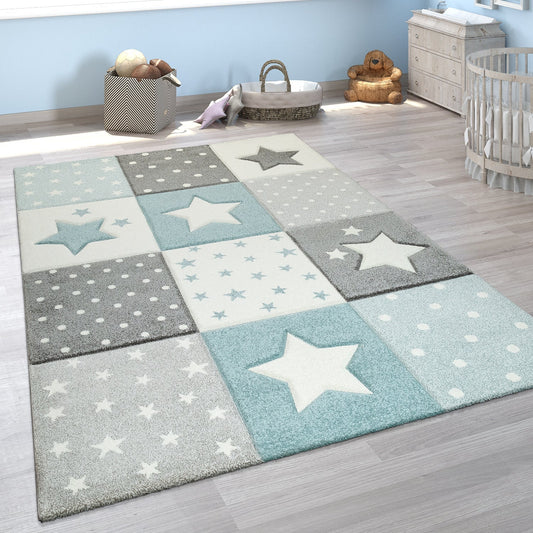 Nursery Rug Cosmo Checkered with Stars in Pastel Blue White-0