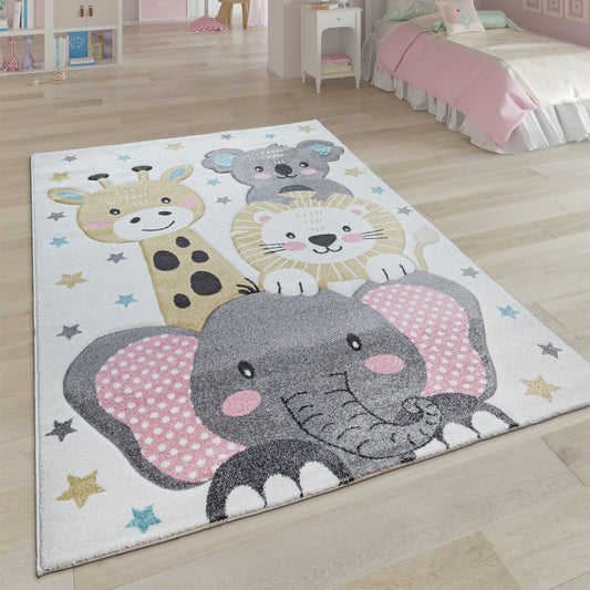 Kids Rug Elaya for Nursery Happy Animals in Cream Pastel-0