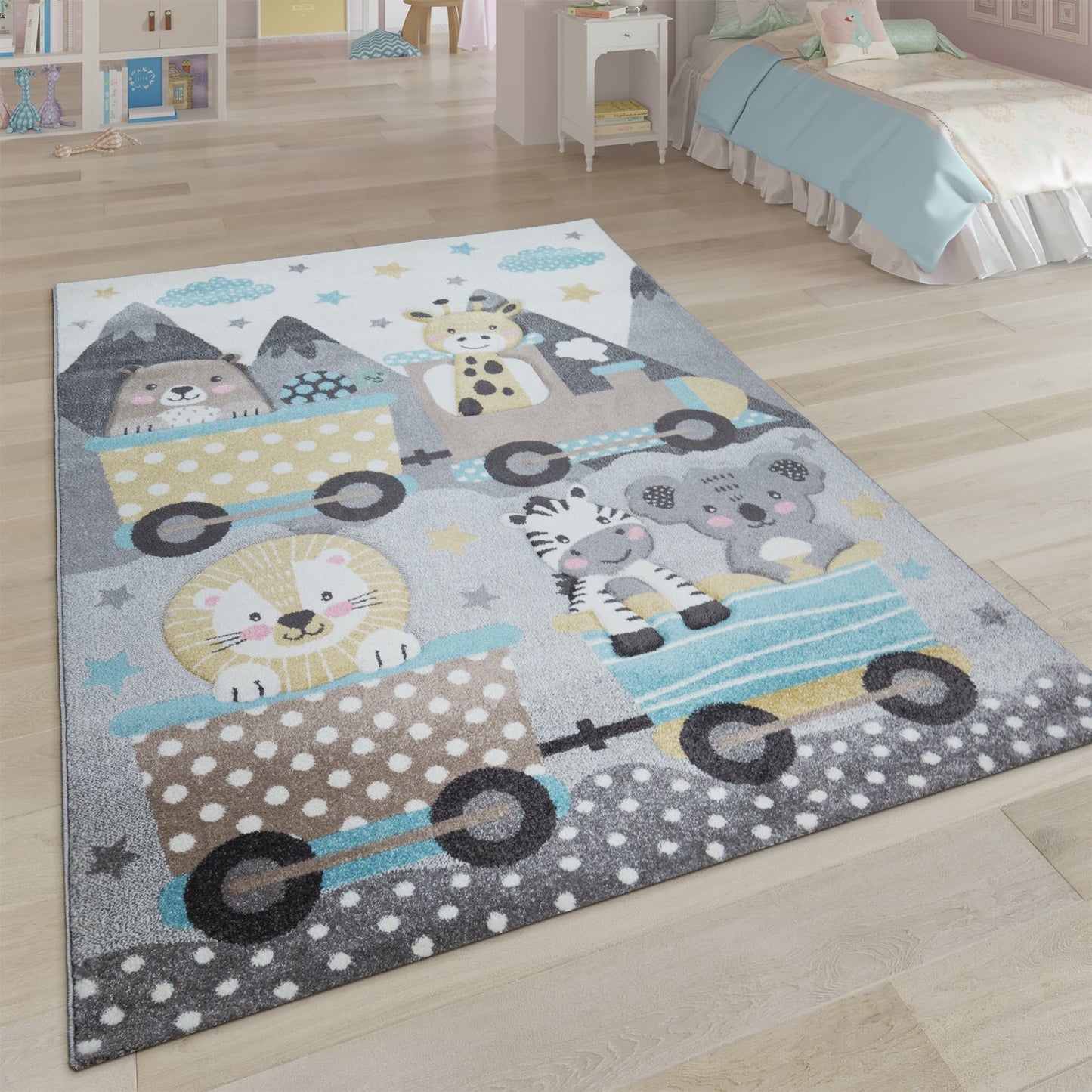 Kids Rug Elaya for Nursery Cute Animals on a Train in Pastel Grey-0