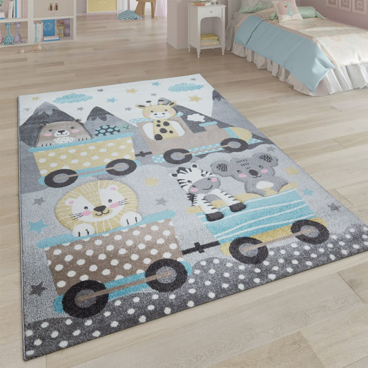 Kids Rug Elaya for Nursery Cute Animals on a Train in Pastel Grey-0