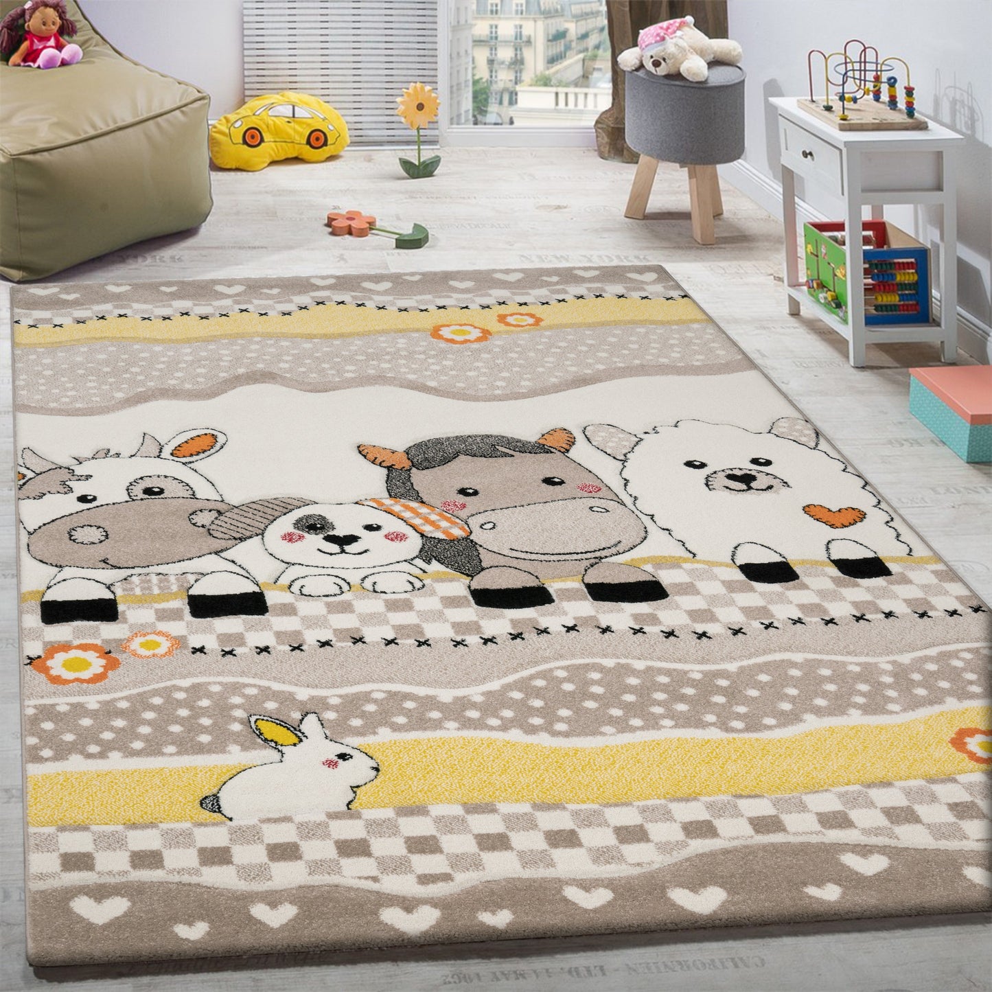 Kids Rug with Charming Farm Animals Patchwork in Beige Cream-1