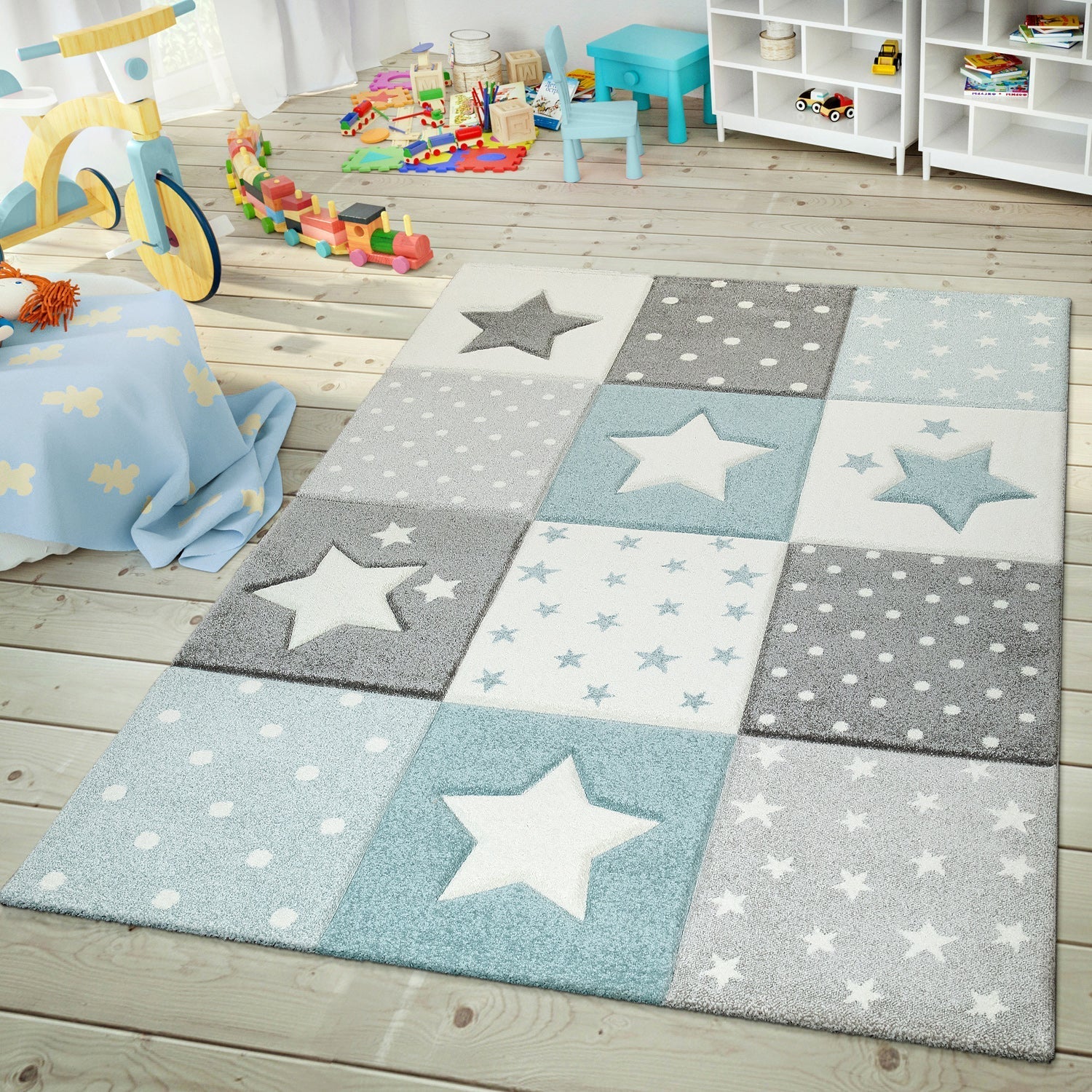 Nursery Rug Cosmo Checkered with Stars in Pastel Blue White-1