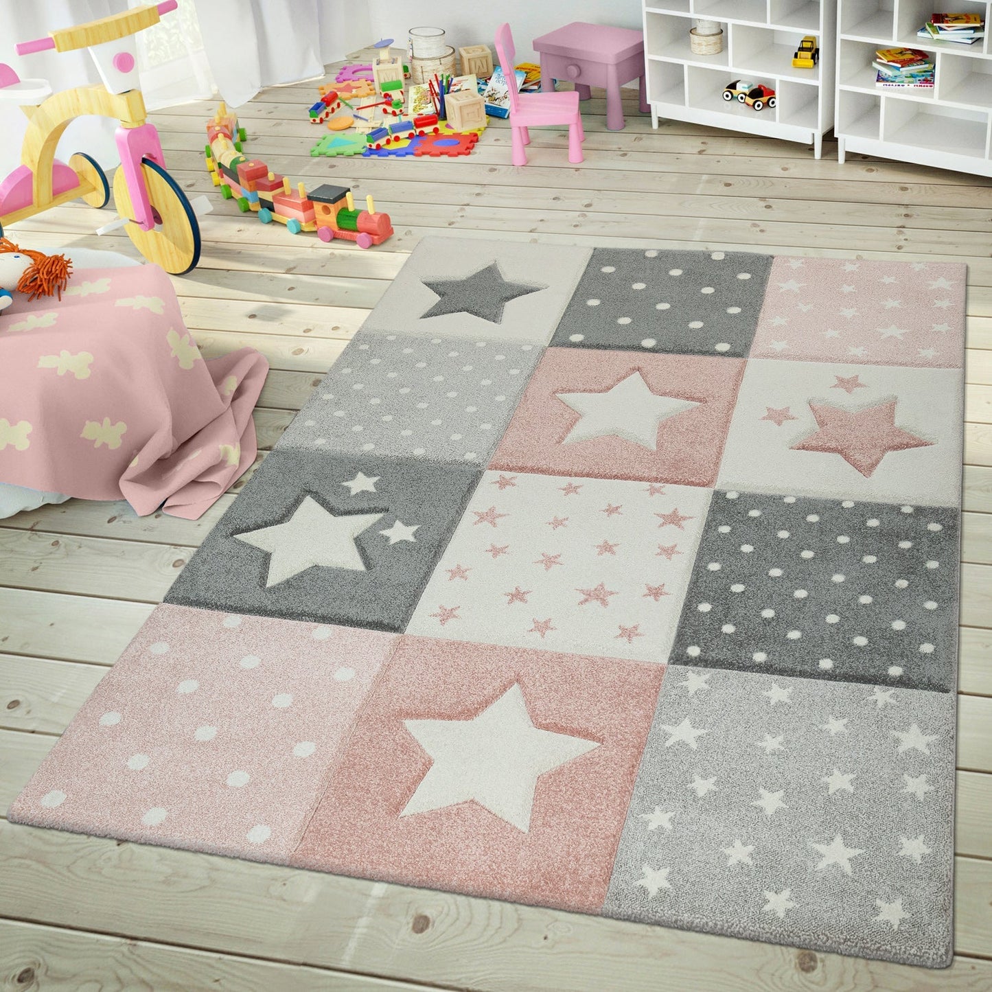 Nursery Rug Cosmo Checkered with Stars in Pastel Pink White-3
