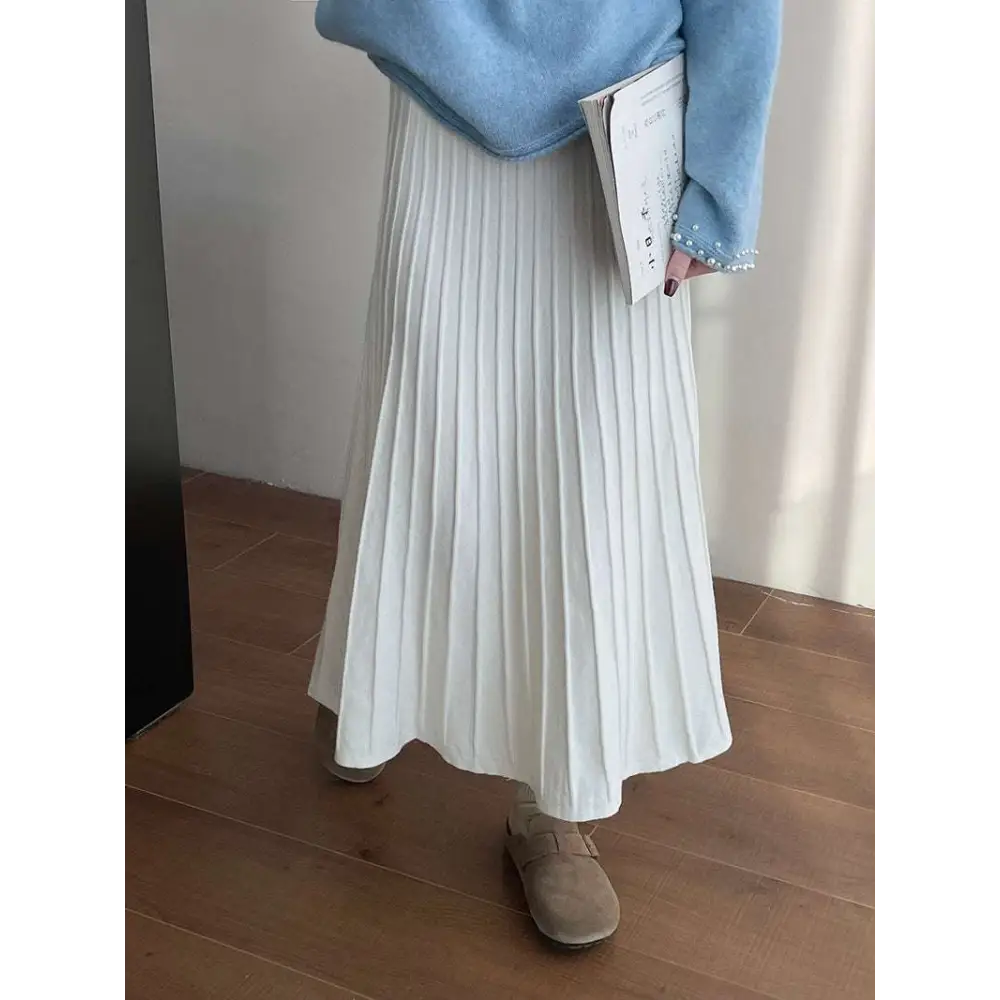 Korean Elastic Waist Knitted Pleated Midi Skirt