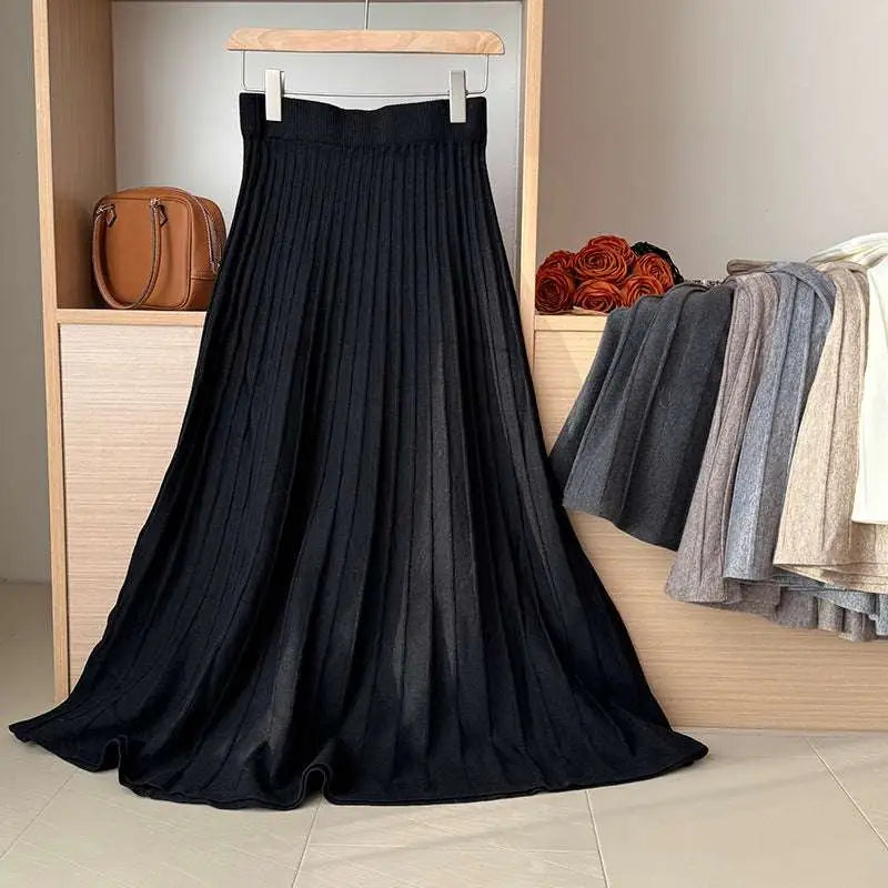 Korean Elastic Waist Knitted Pleated Midi Skirt